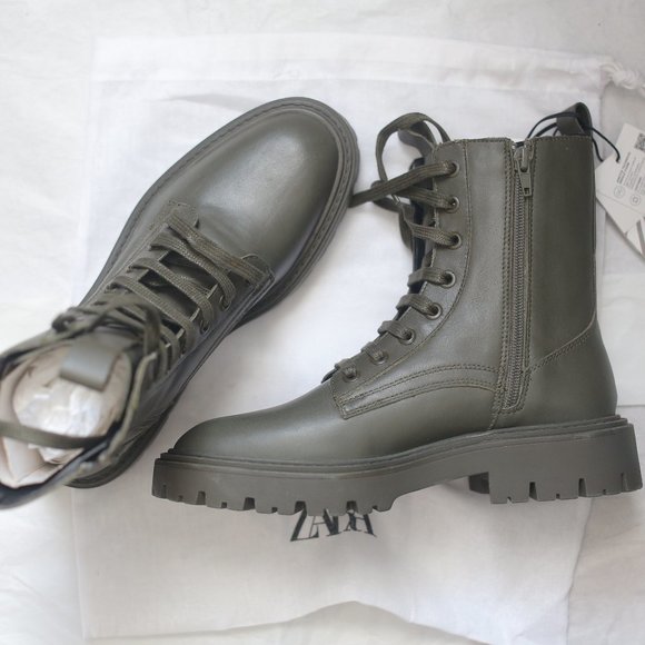 NWT LOW HEEL LACED genuine LEATHER ANKLE KHAKI GREEN BOOTS. - Picture 8 of 8